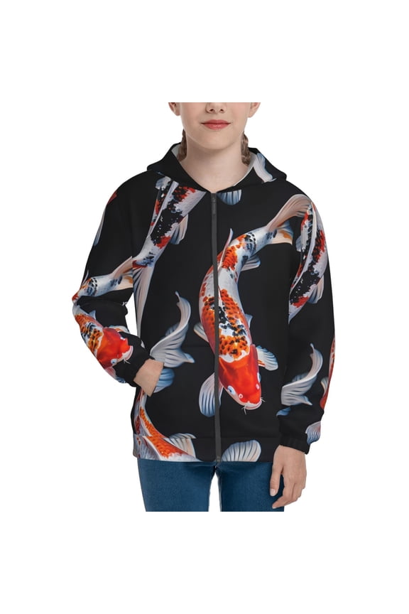 Tricolor Koi Fish Trio Teenage Zipper Hoodie, Long Sleeve Zip Up Hoodies Casual Jackets Tops for 7-12 Years-Small