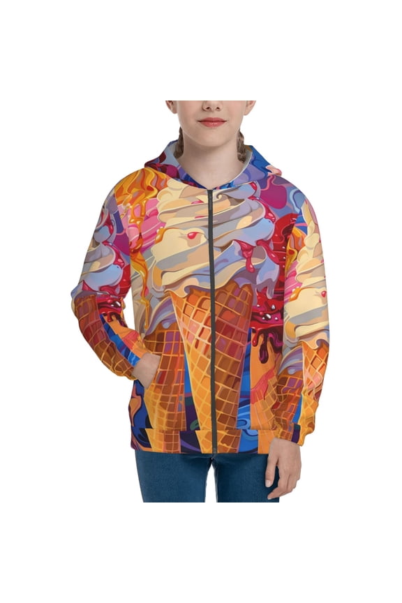 Trio Of Dripping Cones Teenage Zipper Hoodie, Long Sleeve Zip Up Hoodies Casual Jackets Tops for 7-12 Years-Small