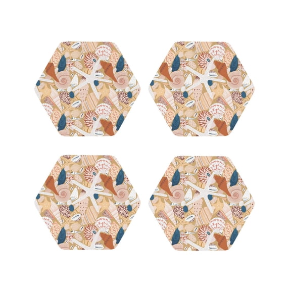 Naloa Tropical Beach Sea Shell Leather Coasters for Drinks, Durable Drink Coasters 4 Set for Tabletop Protection, Luxurious Home Décor and Housewarming Gift ( {designName})Hexagon