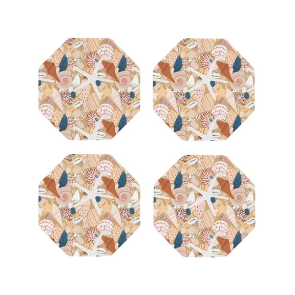 Naloa Tropical Beach Sea Shell Leather Coasters for Drinks, Durable Drink Coasters 4 Set for Tabletop Protection, Luxurious Home Décor and Housewarming Gift ( {designName})Octagon