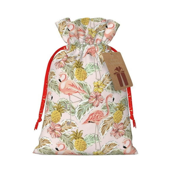 Naloa Tropical Flamingo Pineapple Drawstring Christmas Bags, 3D Xmas Gift Bags, Christmas Wrapping Bags, Xmas Goodie Bags, Treat Pouch Bags, Party Favor Bags-Medium