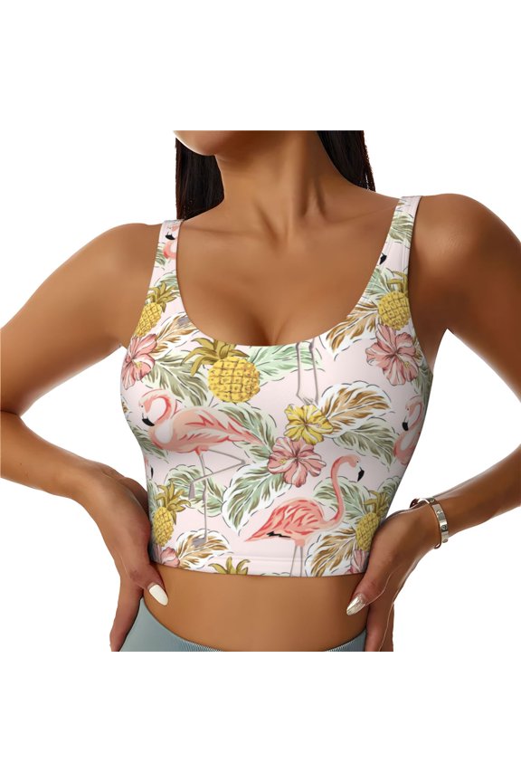 Tropical Flamingo Pineapple Sports Bras for Women, High Support Bra with Removable Pads, Comfortable - XX-Large