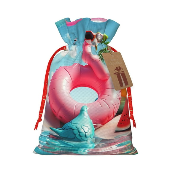 Naloa Tropical Flamingo Pool Float Drawstring Christmas Bags, 3D Xmas Gift Bags, Christmas Wrapping Bags, Xmas Goodie Bags, Treat Pouch Bags, Party Favor Bags-Medium