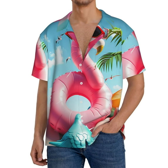 Naloa Tropical Flamingo Pool Float Men's Loose Fit Cuban Collar Short-Sleeve Shirt, Hawaiian Shirts, Mens Shirts Casual for Everyday Wear Outings-3X-Large