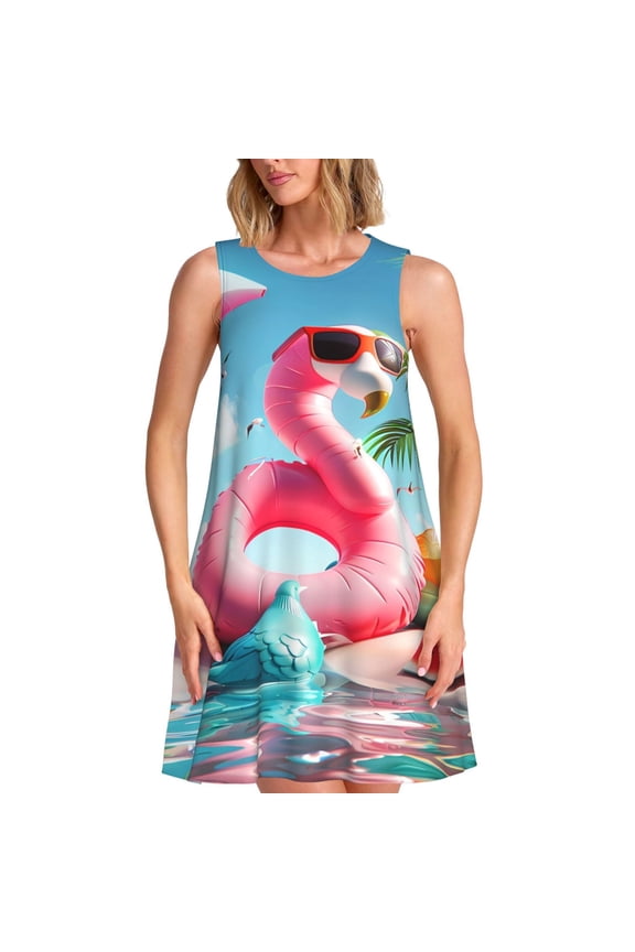 Tropical Flamingo Pool Float Print Women's Summer Spring Casual Beach Sundress,Vacation Sleeveless Tank Crewneck Loose Dresses