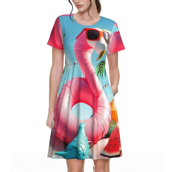 Naloa Tropical Flamingo Pool Float Print Womens Summer A-Line Dress with Pockets,Short Sleeve Dresses,Flowy Beach Swing Dress for Vacation Travel