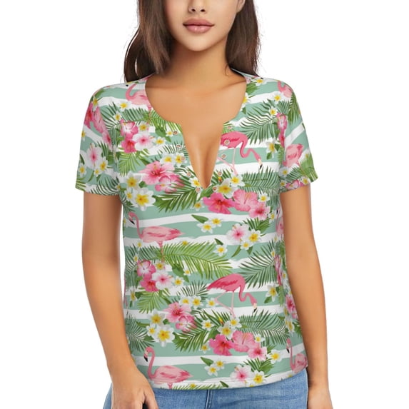 Naloa Tropical Flamingo Print T-Shirts Short Sleeve V Neck Tees for Women Fashion Tops Trendy Lightweight Soft Casual Summer Outfits Clothes