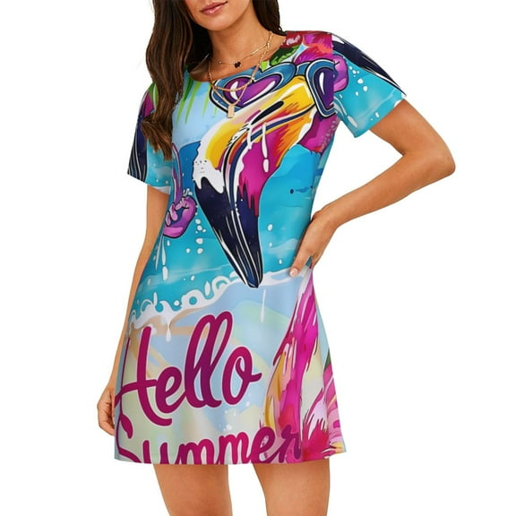 Naloa Tropical Flamingo Summer Print Women Nightgowns,Womens Loungewear,Short Sleeve Sleepwear,Comfy Ladies Nightdress