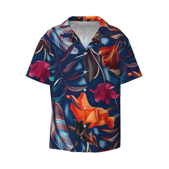 Naloa Tropical Flower Men's Loose Fit Cuban Collar Short-Sleeve Shirt with Button-down and Chest Pocket for Everyday Wear Outings - 3X-Large