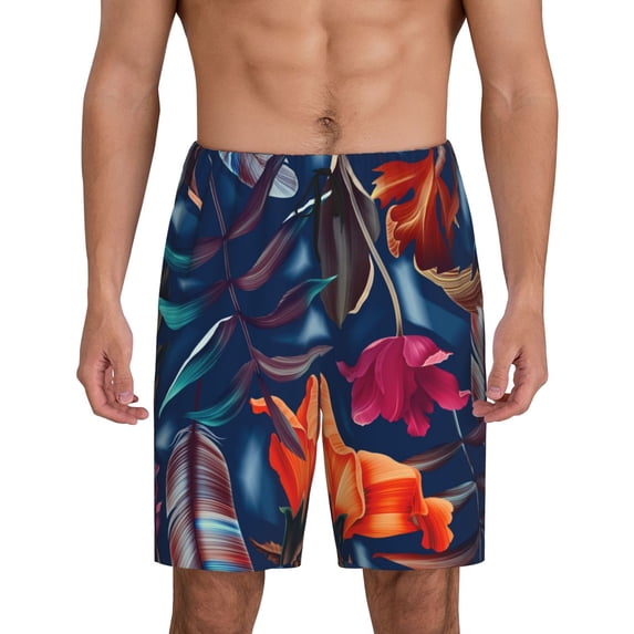 Naloa Tropical Flower Men's Short Pajama Pants, Lounge Comfort Shorts with Elasticized Waistband and Side Pockets - Large