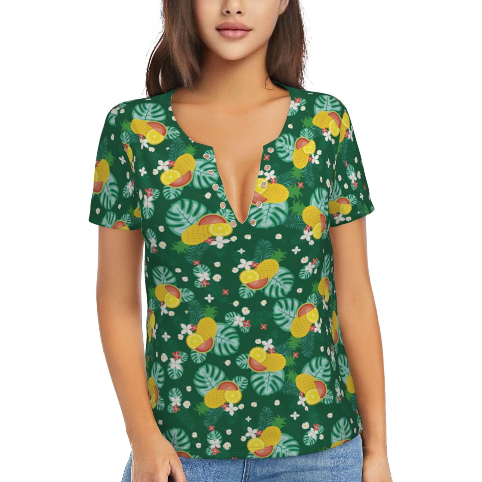 Naloa Tropical Fruit Print T-Shirts Short Sleeve V Neck Tees for Women Fashion Tops Trendy Lightweight Soft Casual Summer Outfits Clothes