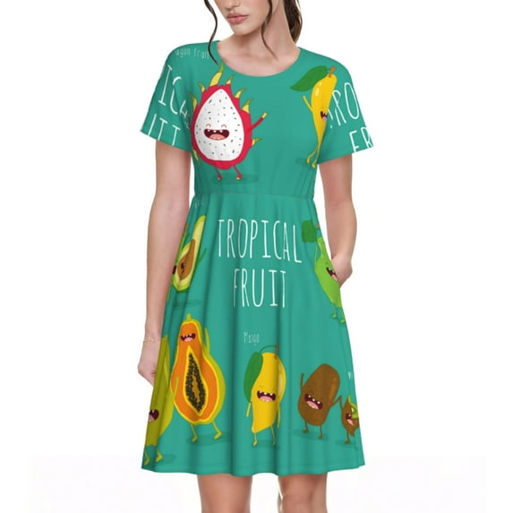 Naloa Tropical Fruit Print Womens Summer A-Line Dress with Pockets,Short Sleeve Dresses,Flowy Beach Swing Dress for Vacation Travel