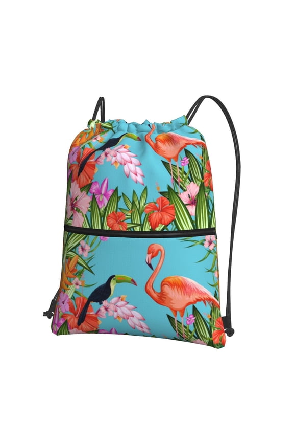Tropical Jungle Flamingo Drawstring Backpack String Bag Cinch Water Resistant for Gym Shopping Sport Yoga