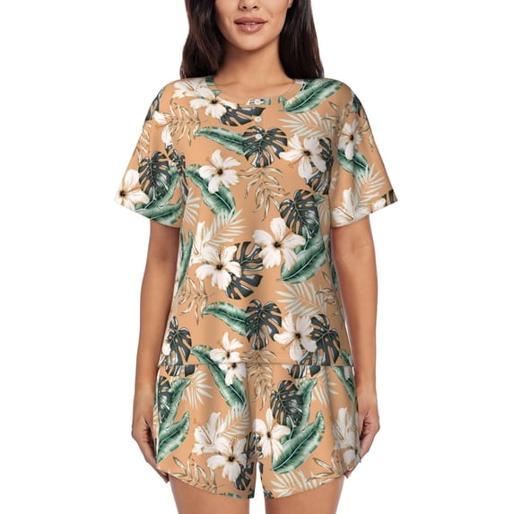 Naloa Tropical Leaves Flower Women's Short-Sleeved Pajama Set, Loungewear, Summer pajamas, Breathable Cozy - 4X-Large
