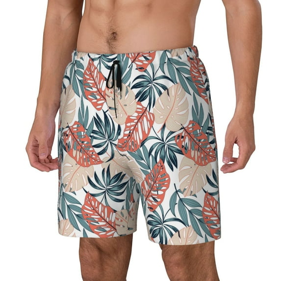 Naloa Tropical Leaves Print Men Swim Trunks with Compression Liner ,Board Shorts,Men's Swim Shorts with Drawstring and Elastic Waistband-XX-Large