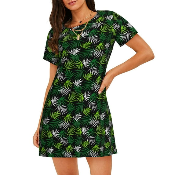 Naloa Tropical Leaves1 Print Women Nightgowns,Womens Loungewear,Short Sleeve Sleepwear,Comfy Ladies Nightdress