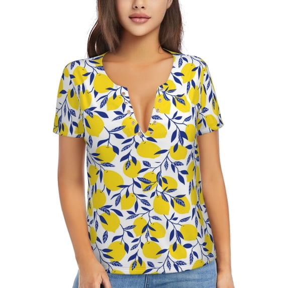 Naloa Tropical Lemon Print T-Shirts Short Sleeve V Neck Tees for Women Fashion Tops Trendy Lightweight Soft Casual Summer Outfits Clothes