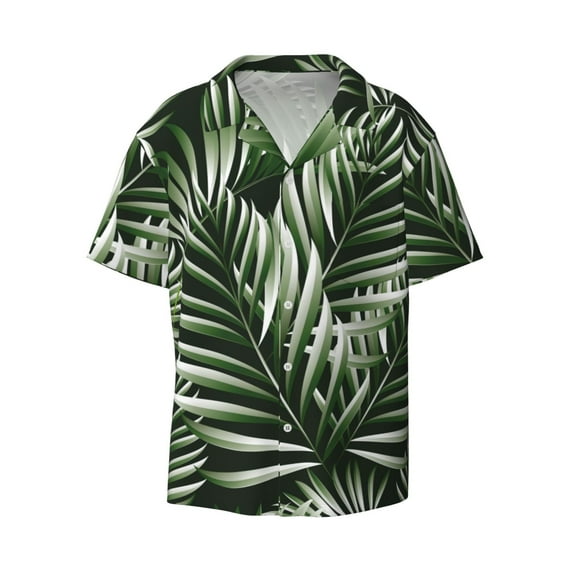 Naloa Tropical Palm Leaves1 Men's Loose Fit Cuban Collar Short-Sleeve Shirt with Button-down and Chest Pocket for Everyday Wear Outings - 4X-Large