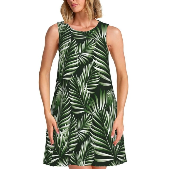 Naloa Tropical Palm Leaves1 Print Women's Summer Spring Casual Beach Sundress,Vacation Sleeveless Tank Crewneck Loose Dresses