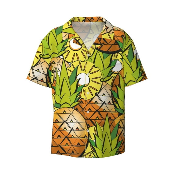 Naloa Tropical Summer Fruit Men's Loose Fit Cuban Collar Short-Sleeve Shirt with Button-down and Chest Pocket for Everyday Wear Outings - Small