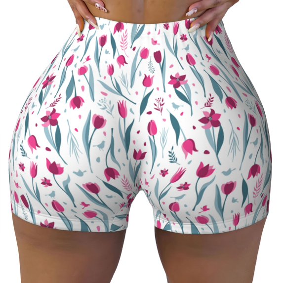 Naloa Tulips Flowers Biker Shorts for Women Seamless Scrunch Short Women’s Yoga Shorts for Gym Running Sport Shorts - X-Large
