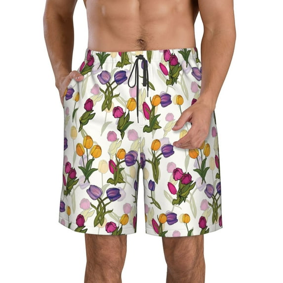 Naloa Tulips Flowers Men's Beach Shorts, Surfing shorts, Swim trunks, Quick Dry Swim Trunks for Surfing Beach Fun - XX-Large