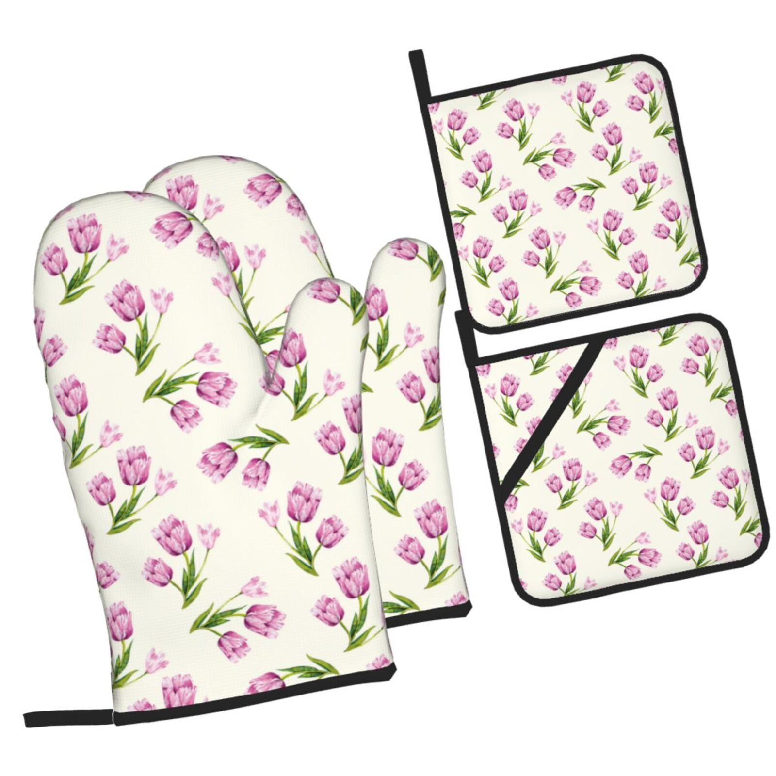 Naloa Tulips Flowers Oven Mitts and Pot Holders 4 pcs Set, Cooking Baking Grilling Kitchen Oven Glove for Cooking