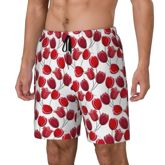Naloa Tulips Flowers Print Men Swim Trunks with Compression Liner ,Board Shorts,Men's Swim Shorts with Drawstring and Elastic Waistband-XX-Large