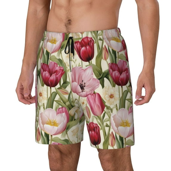 Naloa Tulips Flowers Print Men Swim Trunks with Compression Liner ,Board Shorts,Men's Swim Shorts with Drawstring and Elastic Waistband-XX-Large