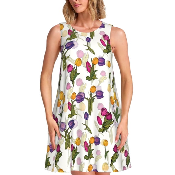 Naloa Tulips Flowers Print Women's Summer Spring Casual Beach Sundress,Vacation Sleeveless Tank Crewneck Loose Dresses