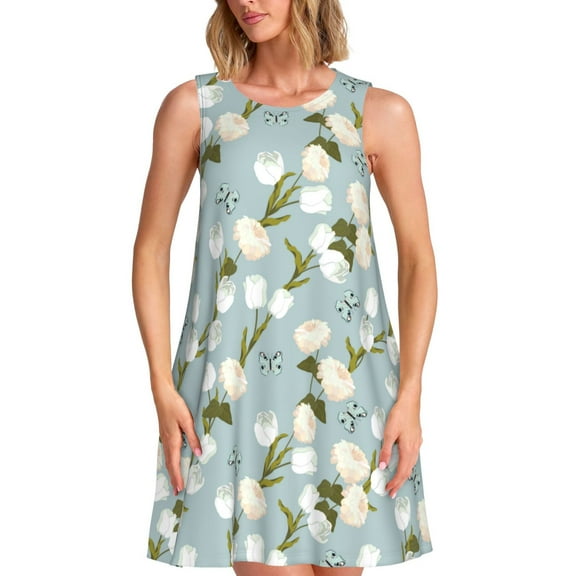 Naloa Tulips Flowers Print Women's Summer Spring Casual Beach Sundress,Vacation Sleeveless Tank Crewneck Loose Dresses