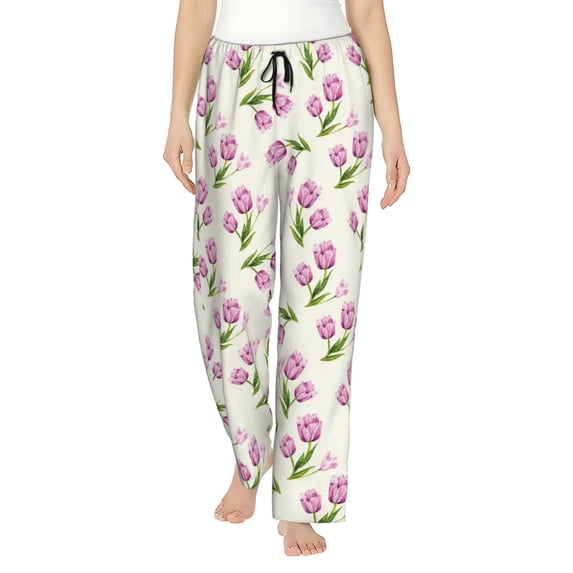 Naloa Tulips Flowers Print Women’s Ultra-Soft Comfy Pajama Lounge Pants with Pockets & Drawstring