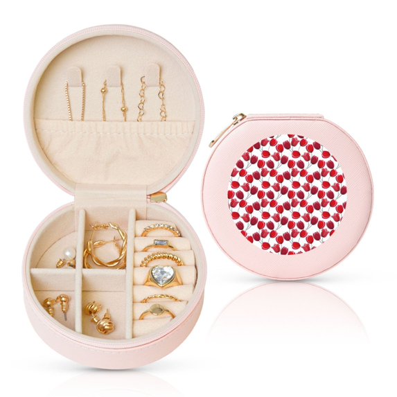 Naloa Tulips Flowers Round Jewelry Box, Travel Jewelry Organizer, 3.9 x 3.9 x 2in Jewelry Storage Box for Women-Pink