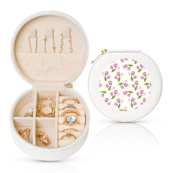 Naloa Tulips Flowers Round Jewelry Box, Travel Jewelry Organizer, 3.9 x 3.9 x 2in Jewelry Storage Box for Women-White