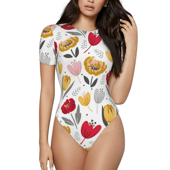 Naloa Tulips Flowers Women's Short-Sleeved Onesie, One-Piece Swimsuit for Parties, dates, clubs - X-Large