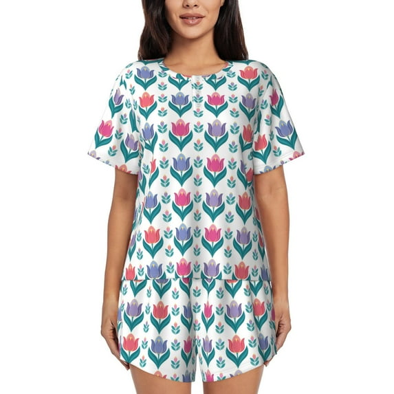 Naloa Tulips Flowers Women's Short-Sleeved Pajama Set, Loungewear, Summer pajamas, Breathable Cozy - Large