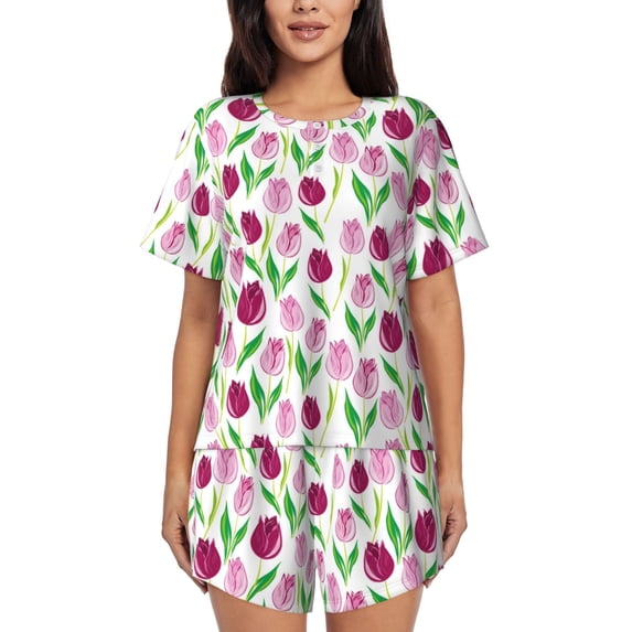 Naloa Tulips Flowers Women's Short-Sleeved Pajama Set, Loungewear, Summer pajamas, Breathable Cozy - Medium