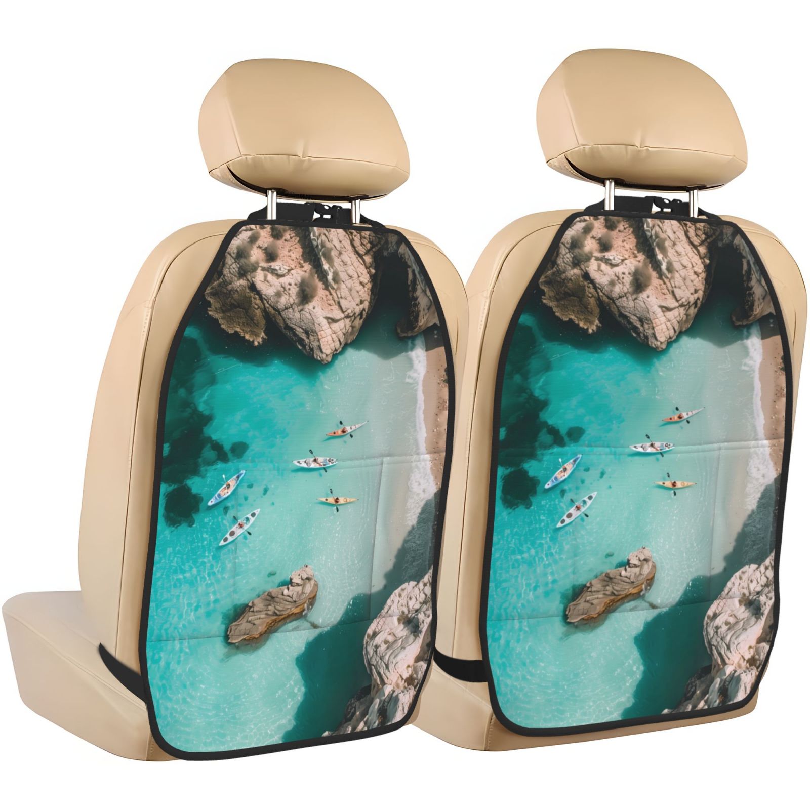 Naloa Turquoise Beach Kayaking 2Pcs Anti-Kick Back Seat Cover Kick Mat, Car Seat Protector with 3 Storage Pockets