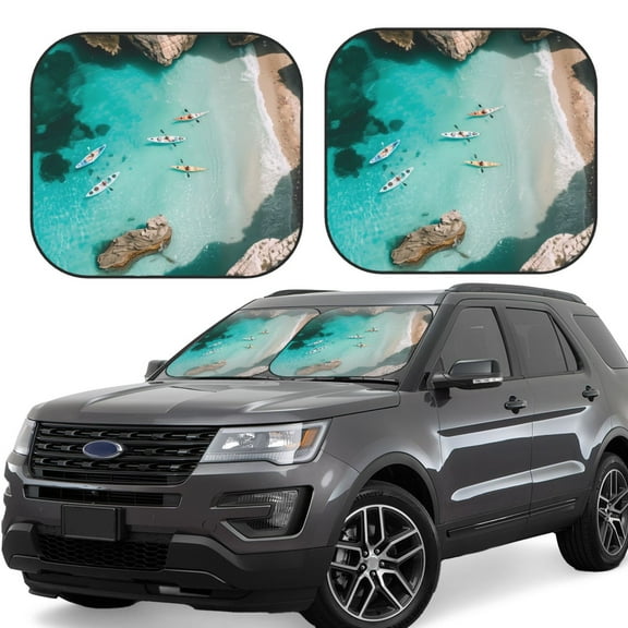 Naloa Turquoise Beach Kayaking Print 2-Piece Windshield Sunshade,Foldable Car Front Window Sun Shades,for Most Sedans SUV Truck-Medium