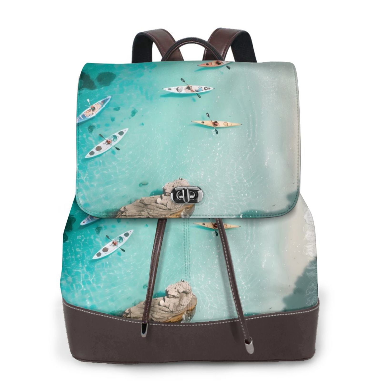 Naloa Turquoise Beach Kayaking Print Leather Backpack Purse 