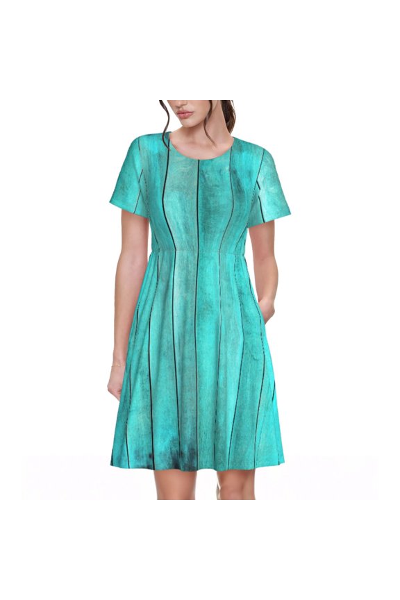 Turquoise Wooden2 Print Womens Summer A-Line Dress with Pockets,Short Sleeve Dresses,Flowy Beach Swing Dress for Vacation Travel