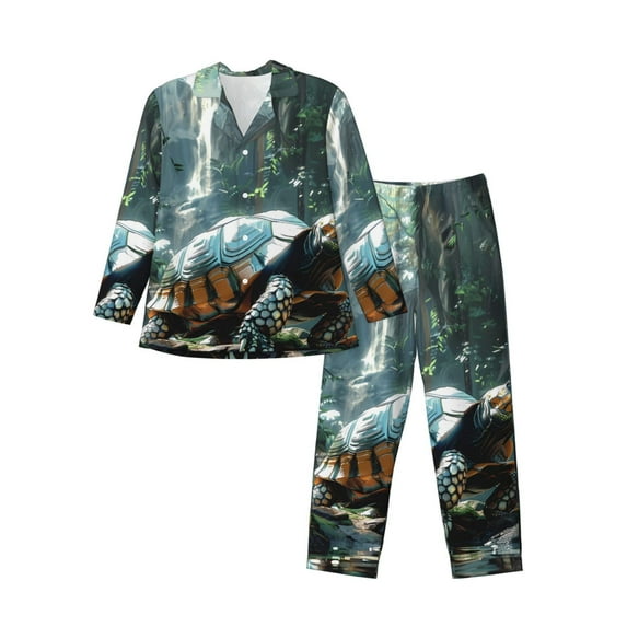 Naloa Turtle In Jungle Waterfall Men’s Pajamas Set - Long Sleeve Button Down Sleep Shirt and Pajama Bottoms Sleepwear Set-Medium
