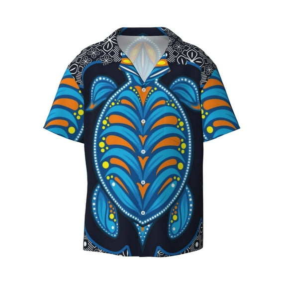 Naloa Turtle Men's Loose Fit Cuban Collar Short-Sleeve Shirt with Button-down and Chest Pocket for Everyday Wear Outings - Medium