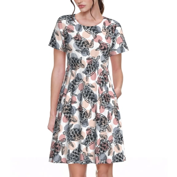 Naloa Turtle Print Womens Summer A-Line Dress with Pockets,Short Sleeve Dresses,Flowy Beach Swing Dress for Vacation Travel