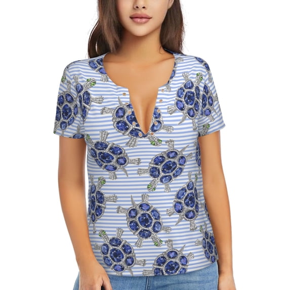 Naloa Turtle with Blue Stones Print T-Shirts Short Sleeve V Neck Tees for Women Fashion Tops Trendy Lightweight Soft Casual Summer Outfits Clothes