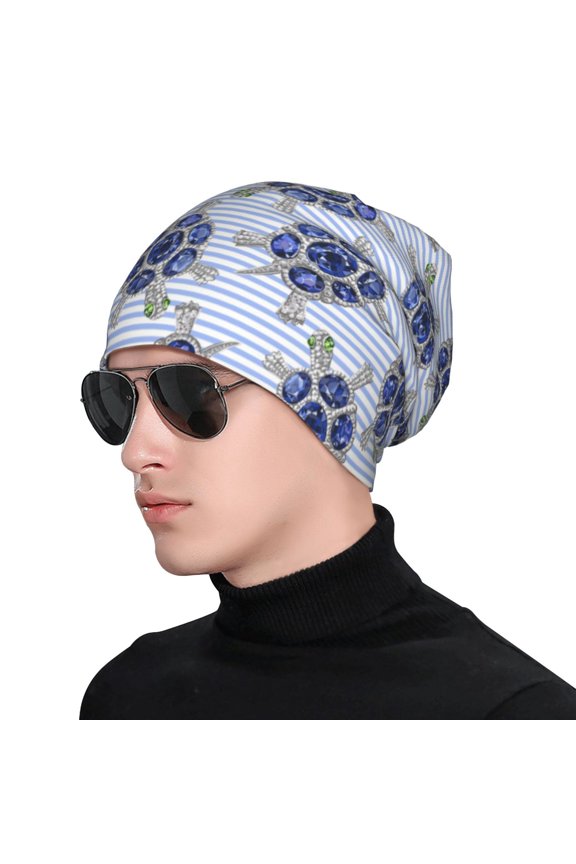 Turtle with Blue Stones Soft Beanie Hat, Knit Beanie Daily Beanie in Fine Knit for Women Men Winter Travel, Outdoor