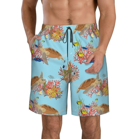 Naloa Turtles And Corals Men's Beach Shorts, Surfing shorts, Swim trunks, Quick Dry Swim Trunks for Surfing Beach Fun - Small