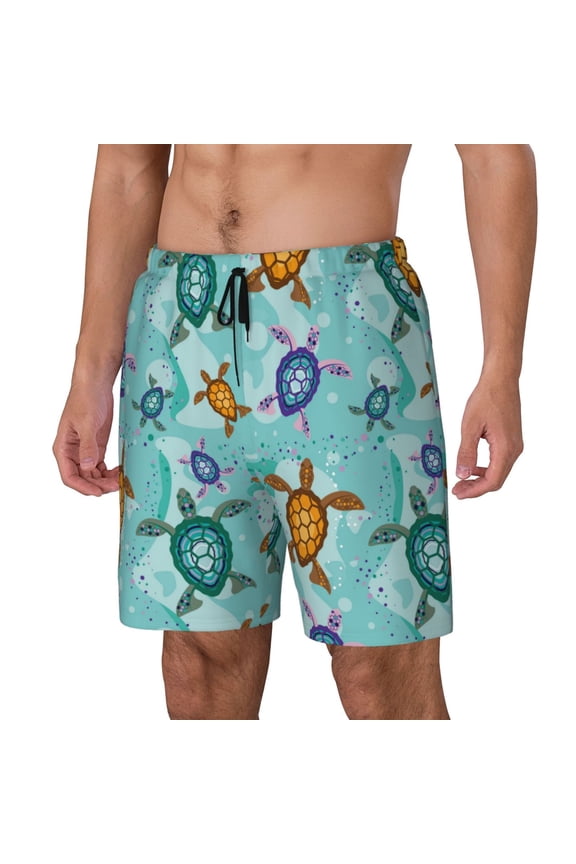 Turtles And Sea Print Men Swim Trunks with Compression Liner ,Board Shorts,Men's Swim Shorts with Drawstring and Elastic Waistband-Medium