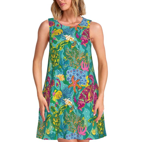 Naloa Turtles Print Women's Summer Spring Casual Beach Sundress,Vacation Sleeveless Tank Crewneck Loose Dresses