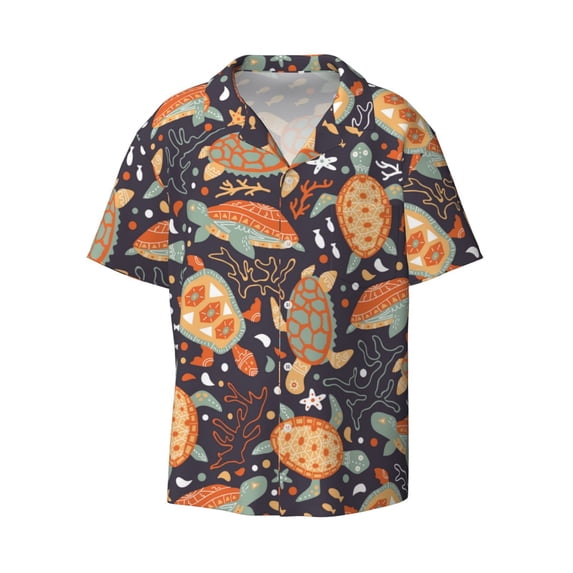 Naloa Turtles and Sea Plants Men's Loose Fit Cuban Collar Short-Sleeve Shirt with Button-down and Chest Pocket for Everyday Wear Outings - Large
